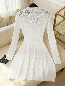 GlowEve Minimalist Round Neck French Romantic Style White Hollow Out Jacquard Knit Dress With 3D Bow Decor, Long Sleeve Waist Cinched A-Line Sweater Dress For Women, Spring/Autumn - White - View 2