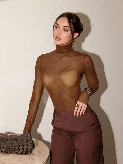 Bris Aura 女式透明网眼高领衬衫，简约百搭秋季商务休闲办公装