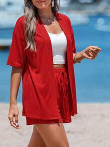 Sylviya 女士休闲纯色短裤套装 女士夏季套装 夏季服装 沙滩装 女士沙滩套装 度假装 女士夏季假日装 红色套装，度假 - 紅色 - 查看 4