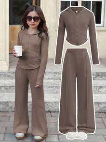 Tween Girls 2pcs Solid Hoodie Top And Wide Leg Pants Set, Casual For Spring/Autumn, Daily Wear - Mocha Brown - View 13