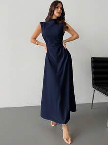 Firerie Đầm maxi dáng chữ A màu trắng thanh lịch, lãng mạn, xếp ly, cổ tàu, không tay, thắt eo, phù hợp cho hẹn hò, đi làm và mặc hàng ngày. - Màu xanh hải quân - Xem 2