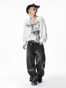 ROMWE MEN Goth 男士V领长袖十字印花休闲白色T恤 - 黑與白 - 查看 8