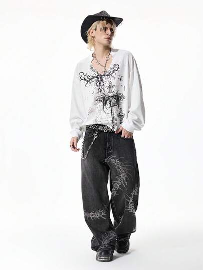 Goth T-shirt décontracté blanc à manches longues et col en V avec imprimé croix pour hommes