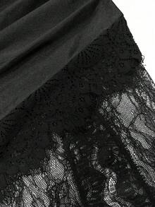 Elenzga 大码女式高腰褶皱优雅缎面撞色蕾丝半身裙 - 黑色 - 查看 6