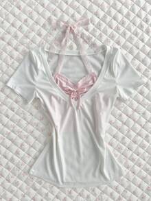 Elamini Camiseta ajustada de manga corta con volantes, parches de color contrastante y lazo, de canalé blanco, para mujer, para primavera/verano, uso diario, oficina minimalista, elegante y versátil - Blanco - Ver 1