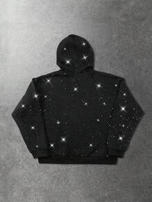 ROMWE MEN 男士字母十字印花长袖拉链领口袋亮面连帽卫衣 - 黑色 - 查看 2