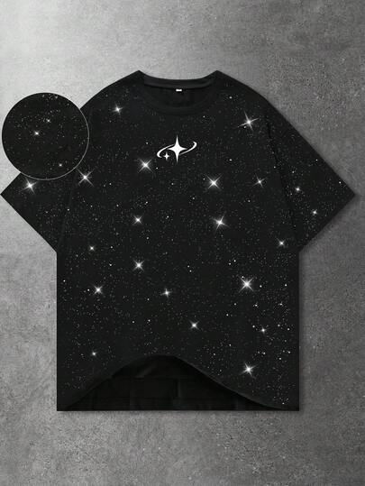 Herren Stern Muster Rundhals Kurzarm Lässig glänzendes T-Shirt