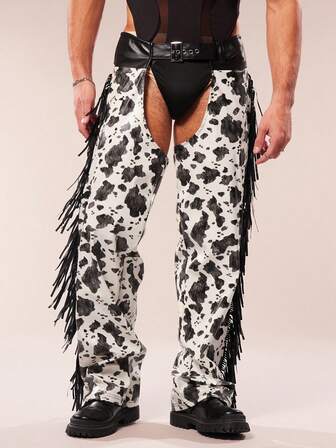 FeverCity Men's Hollow Out All-Over Print Fringe Design Pants Western Pants Fringe Pants Cowboy Chaps Men