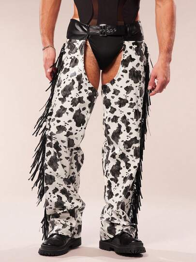 FeverCity Pantalones con diseño de flecos y estampado todo sobre huecos para hombres