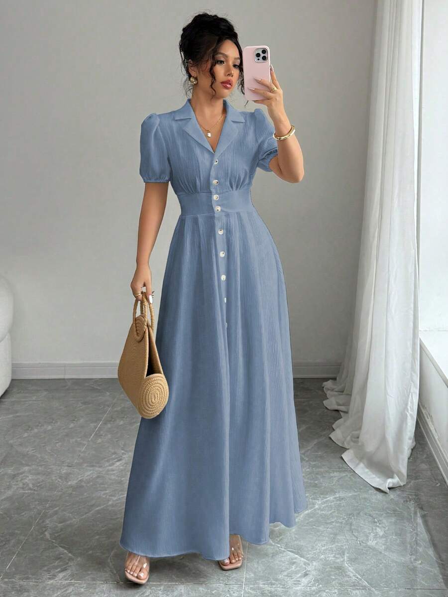 Elenzga Damen Einfarbiges Kleid mit Kragen, kurzen Puffärmeln und Knopfleiste, Lässig