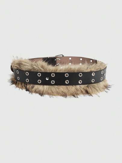 Hippie 1pc Punk Style Furry Patchwork Belt, Y2K Fashion Double Air Vents Leather Belt, Personalized Decoration Accessory