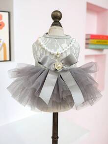 PETSIN 1 Piece Of Clothing For Cats/Dogs, Decorated With Pearl Necklace Dress, Spring And Summer Pet Gray Fluffy Gauze Skirt - Grey - View 11