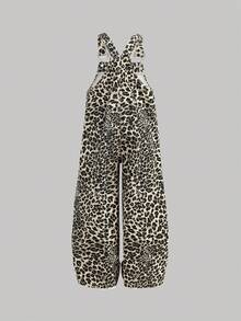 Young Girls'Y2K Fashionable Leopard Print Denim Overall,Comfortable Soft Casual Street Wear,2000s Style Spring Summer Vacation Outfits Denim Shorts - Khaki - View 4