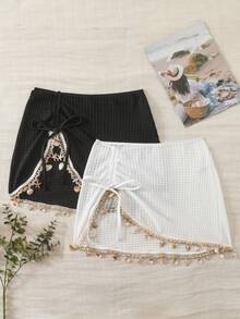 Swim Basics Women's Summer Boho Beach Vacation Holiday Black & White Drawstring Ruched Starfish Shell Tassel Texture Fabric Split Hem Skirt Cover-Up 2-Piece Set - Black and White - View 4