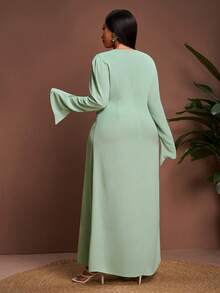 Veslaya Đầm dự tiệc/hẹn hò/tụ họp/lễ hội/sinh nhật/mùa cưới/lễ tốt nghiệp/dạ hội/lễ hội âm nhạc/đêm hội bạn gái/buổi hẹn hò mới, màu xanh bạc hà trơn, tay dài, cổ xẻ, xếp ly một phần, vải dệt họa tiết, dáng chữ A, đầm maxi cỡ lớn dành cho nữ. - Màu xanh Bạc hà - Xem 3