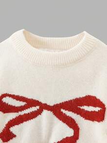 Sweetra 女童蝴蝶结提花针织套头衫，复古宽松柔软针织毛衣，红色格子百褶裙，适合万圣节、圣诞节、返校季