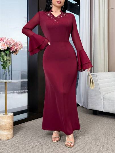 Modelyn Đầm Ả Rập thanh lịch, màu trơn, đính đá lấp lánh, tay loe, ôm sát người, dành cho nữ.
