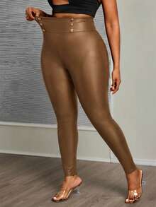 SHEIN PETITE CURVE Plus Size Women Black High Waist Leather Skinny Pants For Fall And Winter - Gold - View 5