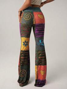 SHEIN Tall CURVE Plus Size Women's Fashionable Retro Contrast Color Block Print Flare Pants - Multicolor - View 2