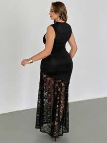 Auralis Plus-Size Spring/Summer Fashionable And Elegant Stretchy And Comfortable Party-Style Sleeveless Black Maxi Dress With Lace Hem,Bodycon,Summer Dresses,Wedding Guest Dress For Women - Black - View 2