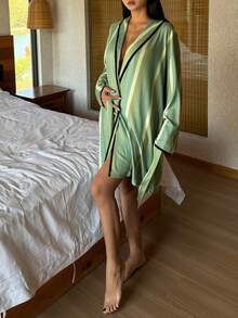 DAZY Women's Striped Contrast Trim Shawl Neck Robe - Green - View 6