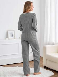 EURMUSE Women Cotton Bows Detail Long Sleeve Shirt&Pants Homewear Lounge Pajama Set - Light Grey - View 2