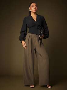Vixey Brown High Waist Pleated Barrel Leg Office Pants - Coffee Brown - View 1