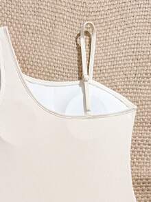 SHEIN 少女不对称领口连体泳衣，带吊坠装饰，适合度假海滩 - 杏色 - 查看 4