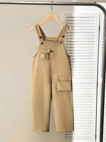 Young Boys' Utility Pocket Bib Overall Pants,Fashionable Functional Kids Casual Jumpsuit With Adjustable Straps,Comfortable Multi-Pocket Workwear - Khaki - View 1