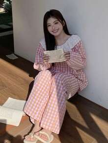 Dazy Plus 大码女士休闲格子睡衣套装，宽松拼接彼得潘领上衣和直筒裤，春秋季睡衣 - 粉色 - 查看 6