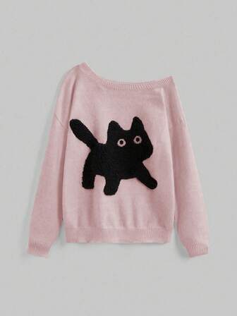 Kawaii Damen Pullover in Große Größen mit süßer Katzen-Stickerei und asymmetrischer Schulter, Herbst/Winter