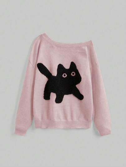 Kawaii Suéter asimétrico de hombro talla grande talla con bordado de gato lindo, estilo casual para mujer, otoño/invierno