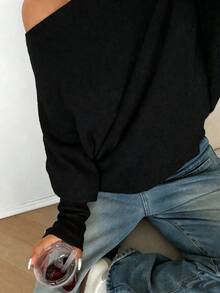 Sunnyshic Áo len nữ cỡ lớn, màu trơn, kiểu dáng rộng rãi, hở vai, phong cách thường ngày. - màu đen - Xem 5