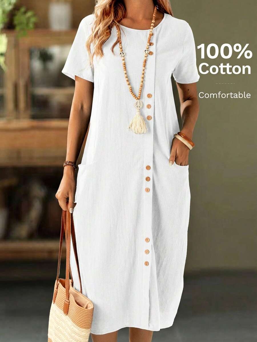 EMERY ROSE Đầm trơn màu, cài cúc phía trước, có túi, thích hợp cho kỳ nghỉ. - trắng - Xem 1