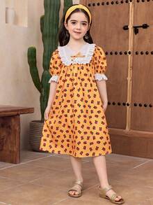 Young Girl Casual Home Dress, Sweet & Cute Ditsy Floral Long Sleeve Lace Patchwork Dress, Sleepwear, Yellow Girls Dress Floral Print Dress Kids - Yellow - View 6