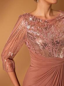 Serin Elegant Luxurious Beaded Sequin Embroidered Mesh Ruched Sheer Sleeve Mermaid Dress, Suitable For Weddings, Parties, Holidays, Formal Events - Coffee Brown - View 2