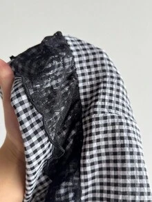 Flirla 黑色格子拼接棉质面料V领吊带露背荷叶边迷你连衣裙，波西米亚复古风，可爱百搭，适合休闲、约会、上学、毕业典礼等各种场合，春夏皆宜。 - 黑色 - 查看 8