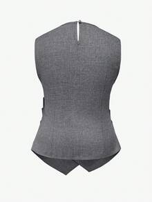 INAWLY Plus Size Women Gray V-Neck Pleated Sleeveless Casual Top - Grey - View 2