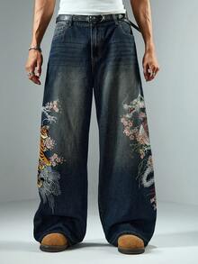 ROMWE MEN Street Life Men's Casual Washed Dragon Pattern Tiger Embroidery Wide Leg Jeans - Blue - View 3