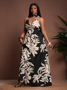 Veslaya 春夏新款无袖V领系带A字长裙，配披肩领，热带植物单色印花，适合海滩、度假、优雅休闲、海岛度假、用餐、日常穿着、浪漫之旅、约会、海边、篝火晚会、波西米亚风、聚会、派对、晚宴、朋友聚会等场合 - 大码 - 彩色 - 查看 9
