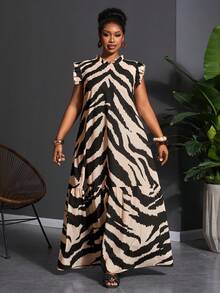 Veslaya 大码女式度假斑马纹荷叶边立领短袖休闲连衣裙 - 黑與白 - 查看 4