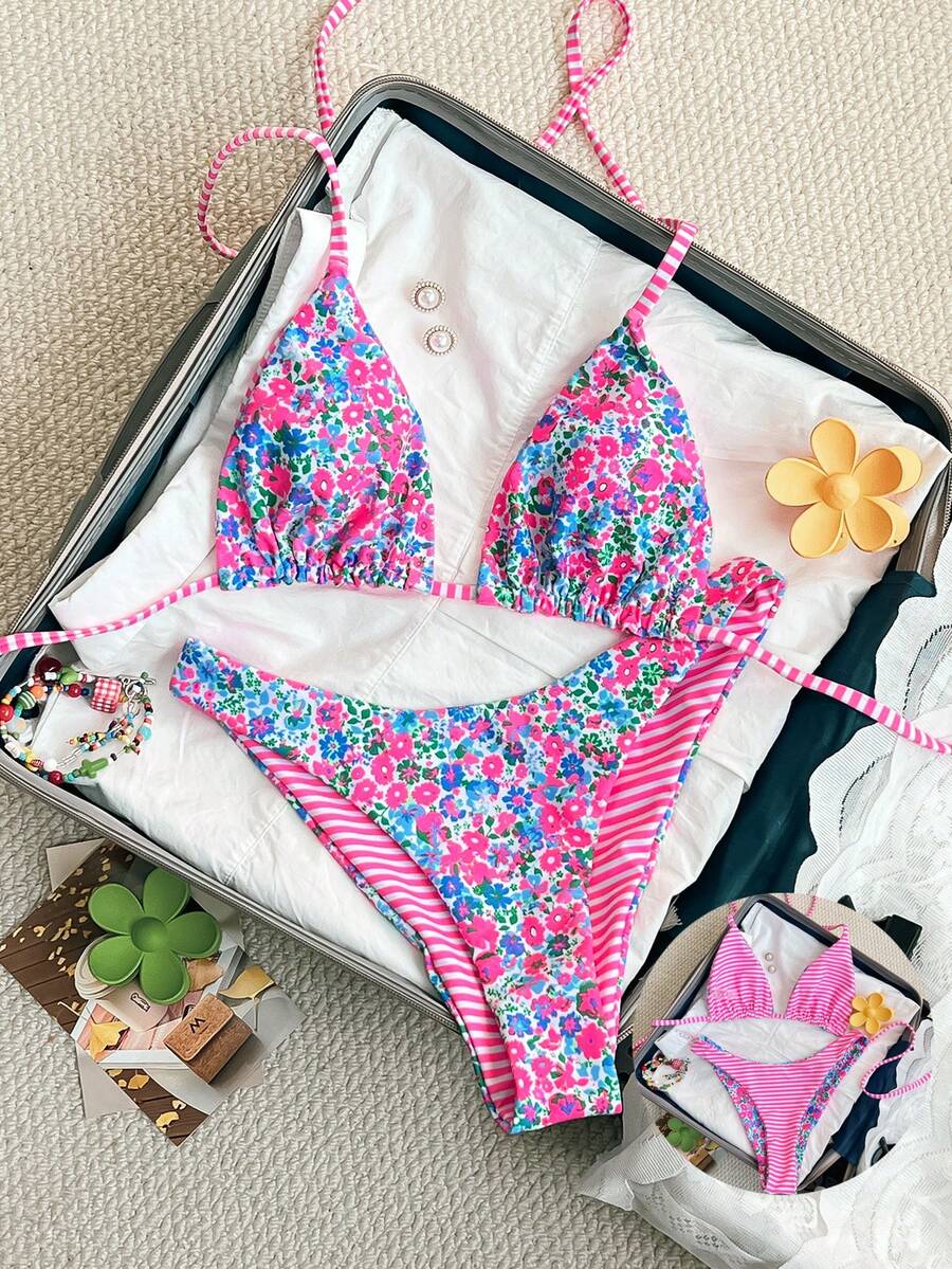 Swim Mod 2件套女士可爱时尚度假沙滩随机印花双面露背吊带比基尼上衣和可爱泳裤套装 - 彩色 - 查看 1