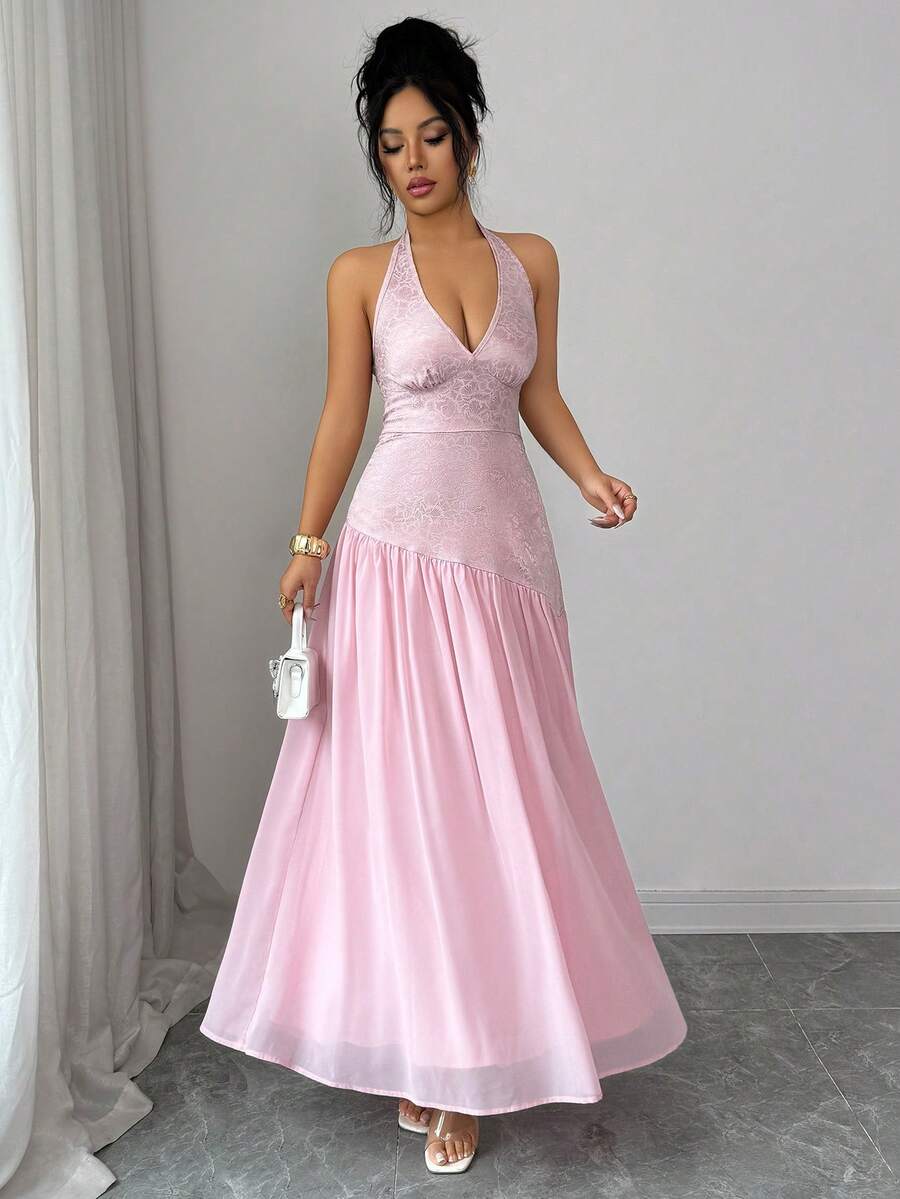 Selianne Hot Pink Summer Elegant Wedding Ninang Jacquard Patchwork Chiffon Halter Waist Flared Dress,Women's Birthday Dinner Satin Formal Dresses - Pink - View 1