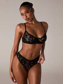 SHEIN BAE 2pcs Romantic Lace Sheer Sexy Lingerie Set - Black - View 1
