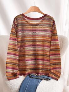 CosyJoli Áo thun nữ cỡ lớn kẻ sọc cổ tròn tay dài cài một hàng khuy kiểu dáng thường ngày - màu nâu - Xem 2