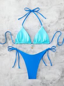 Swim Vcay Bộ bikini cổ yếm màu trơn dành cho nữ, thích hợp cho kỳ nghỉ biển. - Màu xanh lam - Xem 2