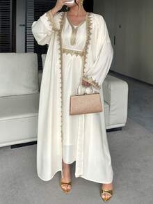 Dazy Plus Elegant Rhinestone Embroidered Decor Loose Maxi Dress With Long Sleeve Jacket, Plus Size Party Dress, Spring/Summer 2-Piece Set - White - View 2