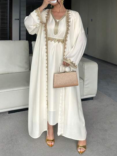 Dazy Plus Elegant maxiklänning med broderad dekor och strass, lös klänning med långärmad jacka, festklänning i plusstorlek, vår-/sommarset i 2 delar