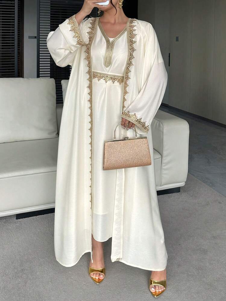 Dazy Plus Elegant Rhinestone Embroidered Decor Loose Maxi Dress With Long Sleeve Jacket, Plus Size Party Dress, Spring/Summer 2-Piece Set Lounge Sets For Women