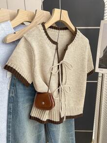 SHEIN Franclia Casual Loose Round-Neck Short-Sleeved Knit Cardigan With Contrasting Edge And Open Front, Women's Spring/Autumn - Khaki - View 3